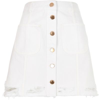 White button-up A-line denim skirt